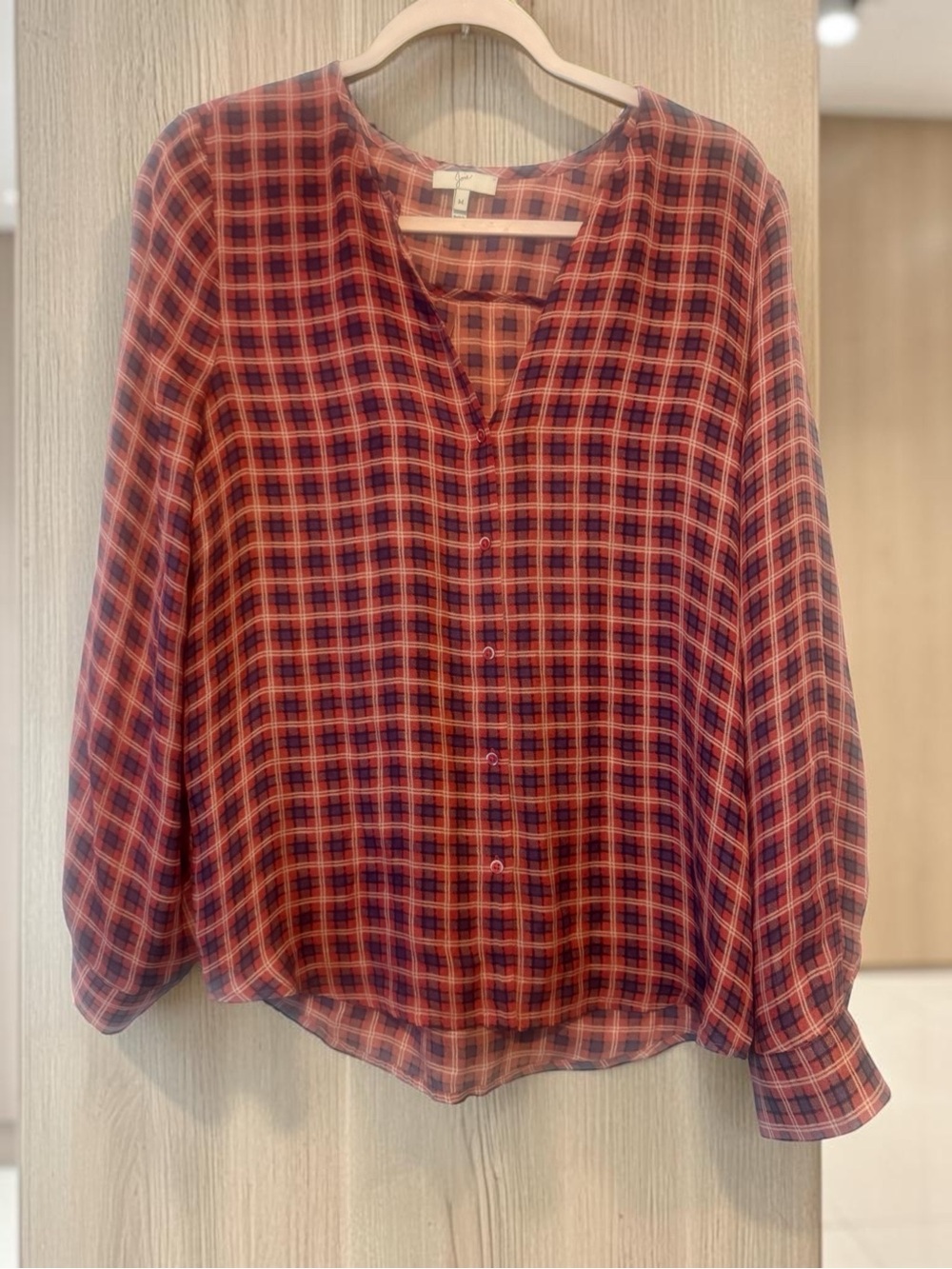 Join Lightweight Plaid Button-Front Blouse - pink & purple